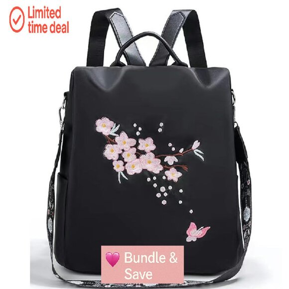 Small Nylon Anti-Theft Travel Backpack Purse with Embroidery